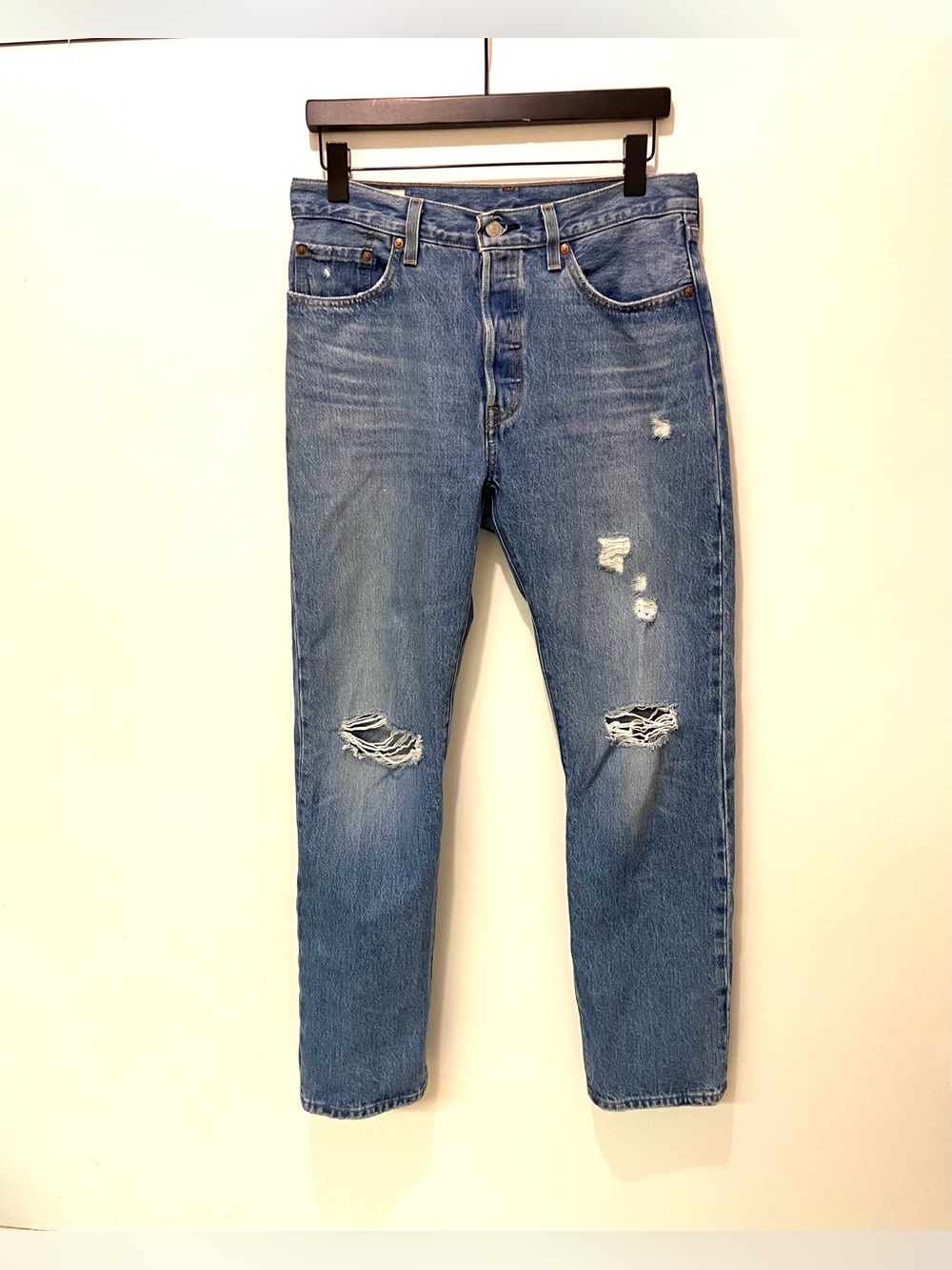Levi’s 501 Distressed Blue Denim Jeans - Classic Colour & Fit - Button Fly